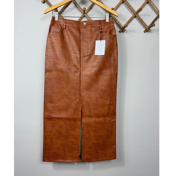 New WAYF Roberta Croc Embossed Midi Skirt in Brown Faux Leather Size L - Picture 6 of 13
